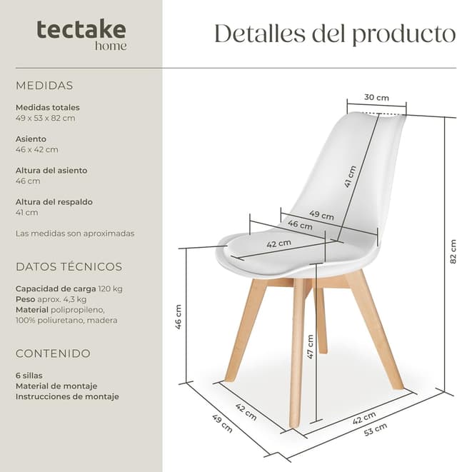 Detalle de tectake Sillas de Comedor diseño nórdico 6 unidades