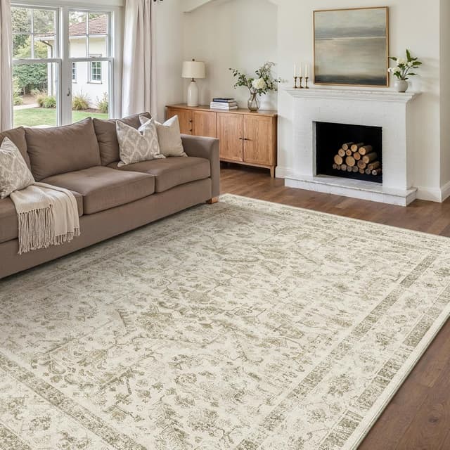 Detalle de PureCozy Vintage Washable Beige Rug (200x300cm) – soft low pile, non-slip backing