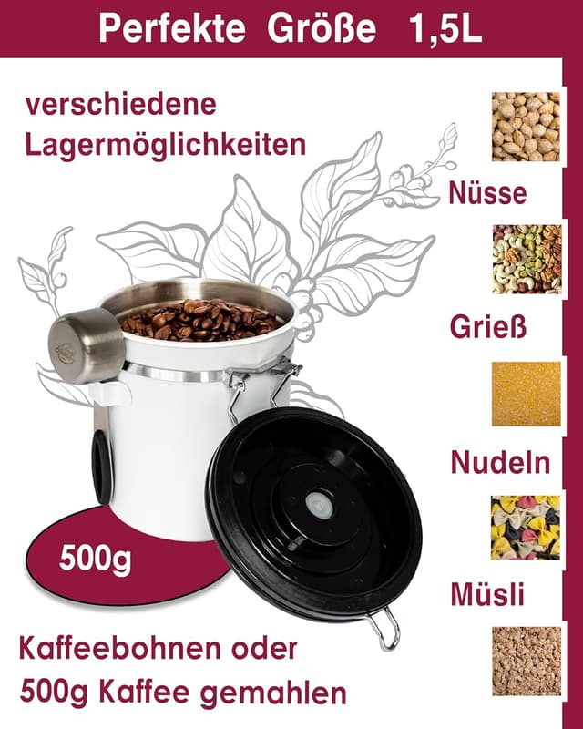 Detalle de Pro@Home43® Kaffeedose luftdicht mit Kalenderfunktion, Edelstahl, 1,5 l – weiß