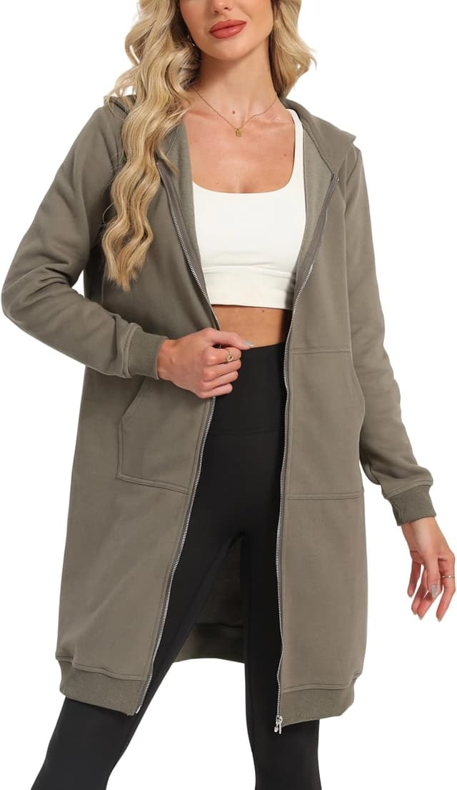 Detalle de Timuspo veste à capuche longue pour femme, coton-polyester, zippée avec poches