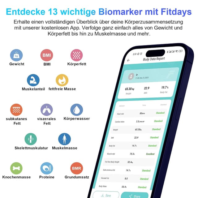 Detalle de Körperfettwaage mit Bluetooth & App (Fitdays) – Smart Digitale Waage für Gewicht, BIA-Werte & mehr, Schwarz