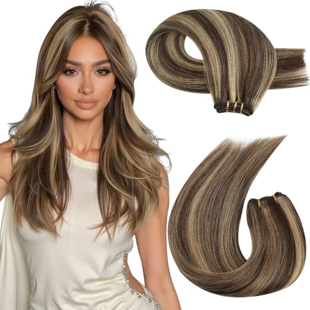 Detalle de Moresoo Sew-In Human Hair Remy Straight Weft Extensions (Dark Brown + Caramel Blonde) 100g, 18Inch