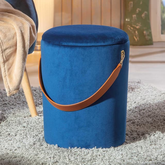 Detalle de Inter Link Papua sgabello contenitore da lavanderia in velluto blu con maniglia in similpelle