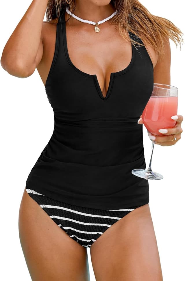 Detalle de CUPSHE Tankini da donna con scollo rotondo e dettaglio a V incrociato sul retro, due pezzi