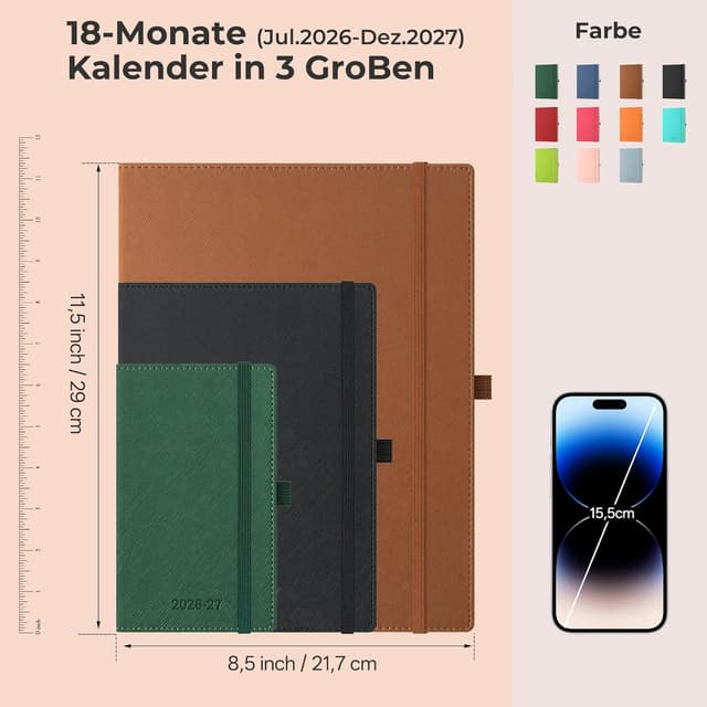 Detalle 2 de IN-LUXPRO Kalender 2026/2027 Wochenplaner (18 Monate) A4 Quergrün mit Notizseiten