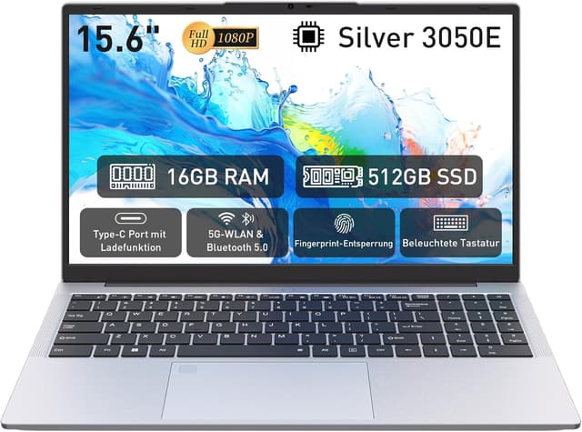Detalle de Auusda Laptop 15,6 Zoll (16 GB RAM, 512 GB SSD) mit Fingerabdrucksensor für Schule & Büro