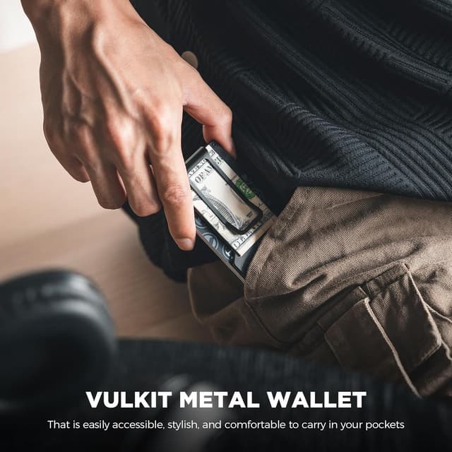 Detalle de VULKIT slim metal credit card holder with RFID blocking and money clip (Black)
