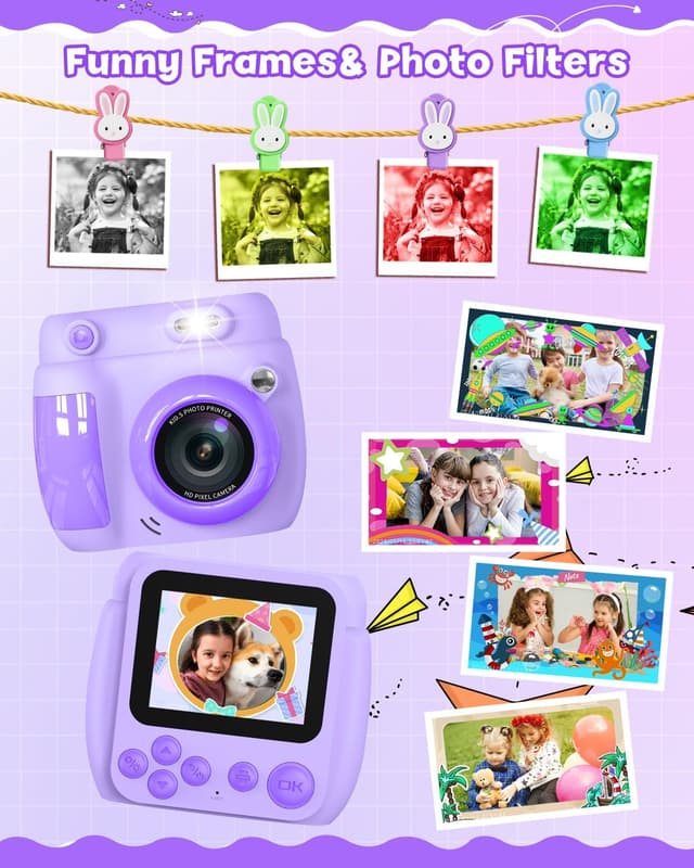Detalle de Gofunly Kids Camera Instant Print (1080P, 2.4-inch) with 32GB card & 3 paper rolls, Purple