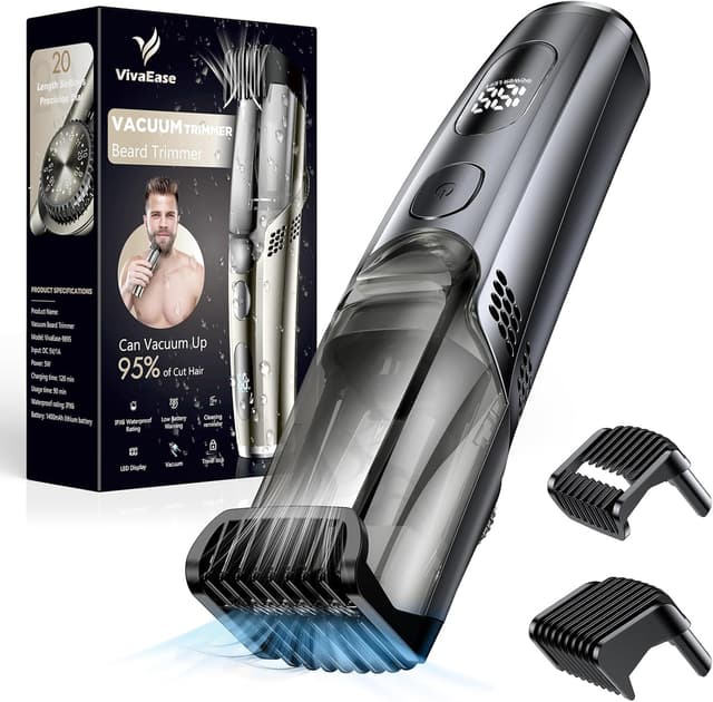 Detalle de VivaEase Vacuum Beard Trimmer for Men (New Version) – Adjustable 1–20mm Precision with Vacuum, IPX6 Waterproof & Cordless USB Charging