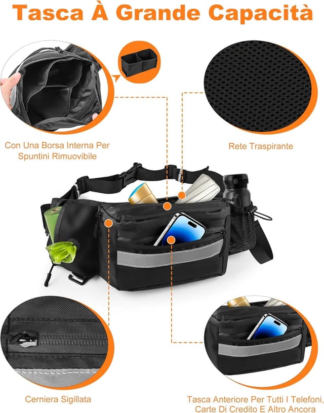 Detalle de Razobws Borsa Porta Snack per Cani con dispenser integrato e bande riflettenti, marsupio impermeabile nero
