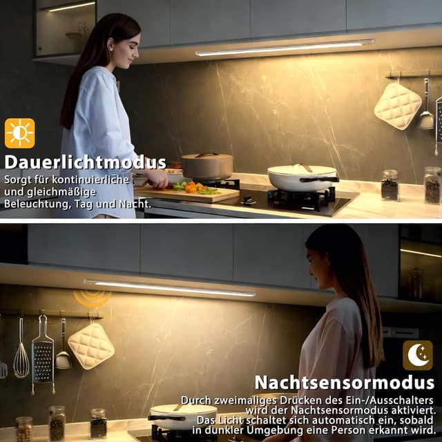 Detalle de OUILA Schrankbeleuchtung LED 60 cm mit Bewegungsmelder, 3 Farbmodi und USB-C (wiederaufladbar)