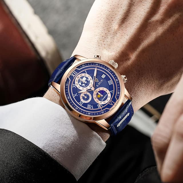 Detalle de LIGE Herren Armbanduhr mit Lederarmband, Quarzwerk, Chronograph-Optik, Datum & Mondphase – wasserdicht bis 30 m