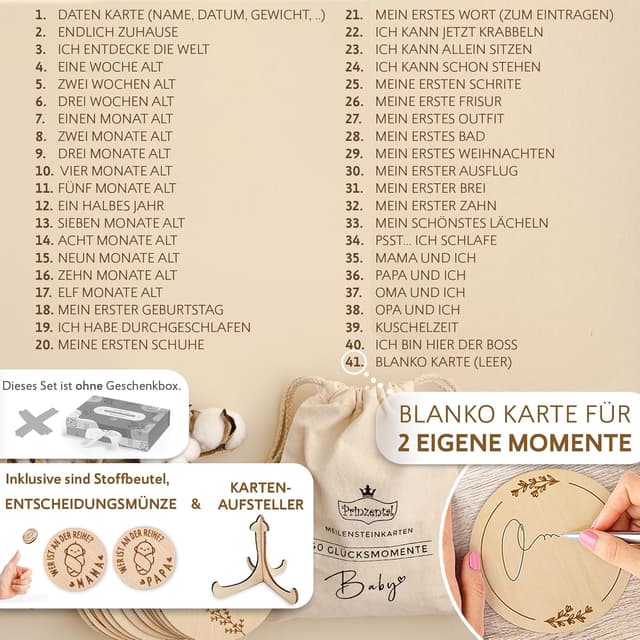 Detalle de Prinzental Meilensteinkarten Baby aus Holz mit 40 Meilensteinen, Blankokarte und Stoffbeutel