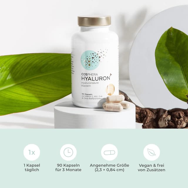 Detalle 2 de Cosphera Hyaluronsäure Kapseln hochdosiert mit 500 mg, 90 vegane Kapseln (3 Monatsvorrat)