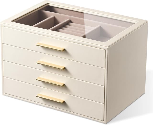 Detalle de pickpiff 4-Layer Jewellery Box Organiser Case with Glass Window (Ivory Leather, Pink Velvet)