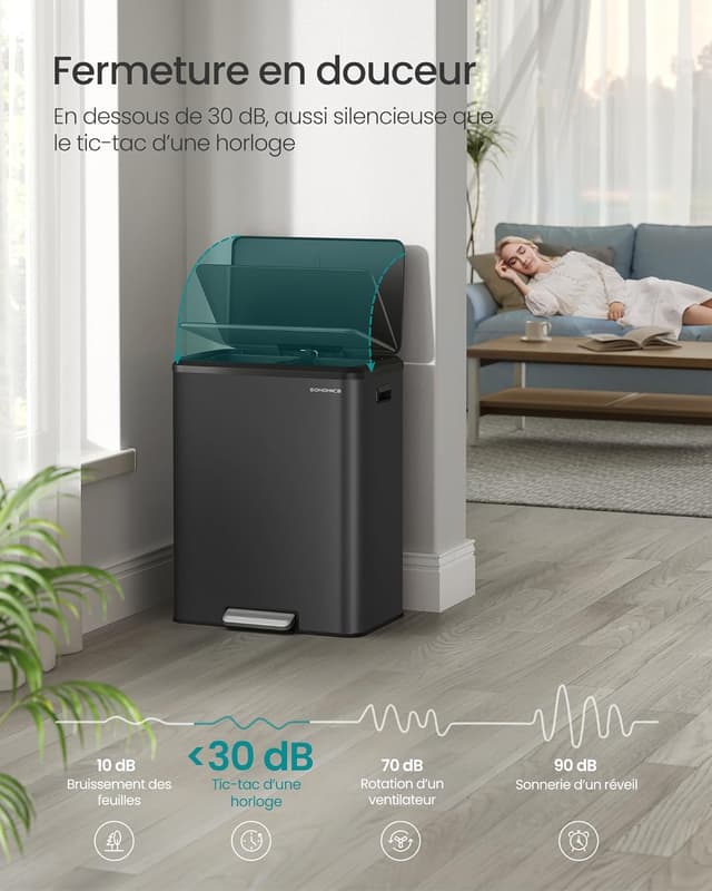 Detalle de SONGMICS LTB566B02 – Poubelle de cuisine double 2 x 30 L avec pédale, fermeture douce et seaux intérieurs