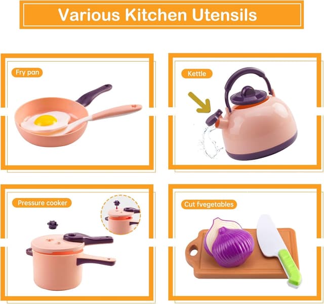 Detalle 2 de 200Pcs Mini Play Kitchen Accessories Set for Kids (Pretend Cooking Playset) — Cookware, Tableware, and 2 Fruit Sets, Pink