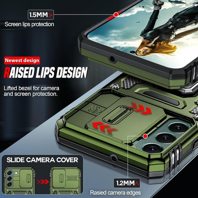 Detalle de LeYi Military-grade phone case for Samsung Galaxy S22 5G (6.1-inch) with slide camera cover and 360° ring stand, O-Green