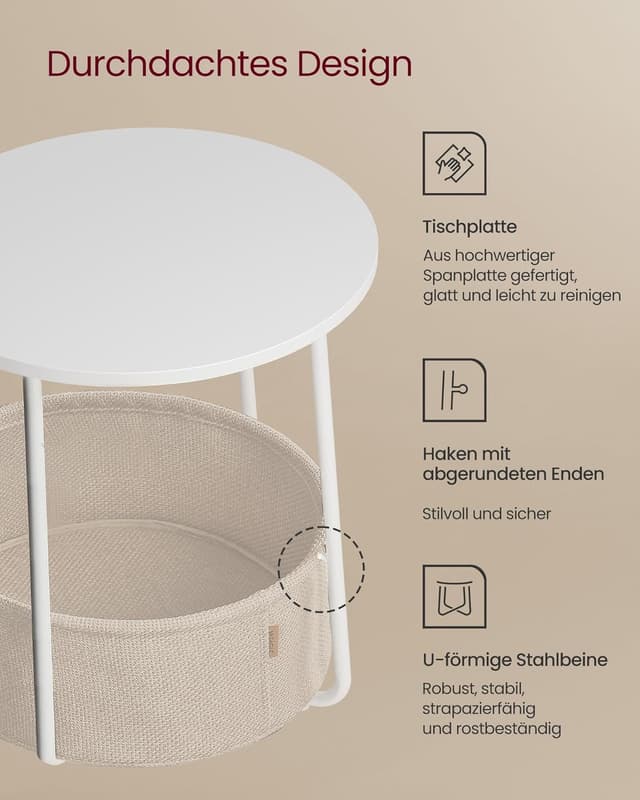 Detalle 1 de VASAGLE LET223W10 Beistelltisch rund 45 cm