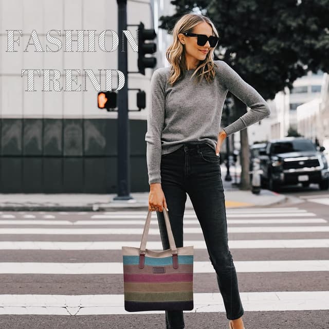 Detalle de CHEREEKI Striped Canvas Tote Bag (Multicolour) – washable shopper for school, work, travel