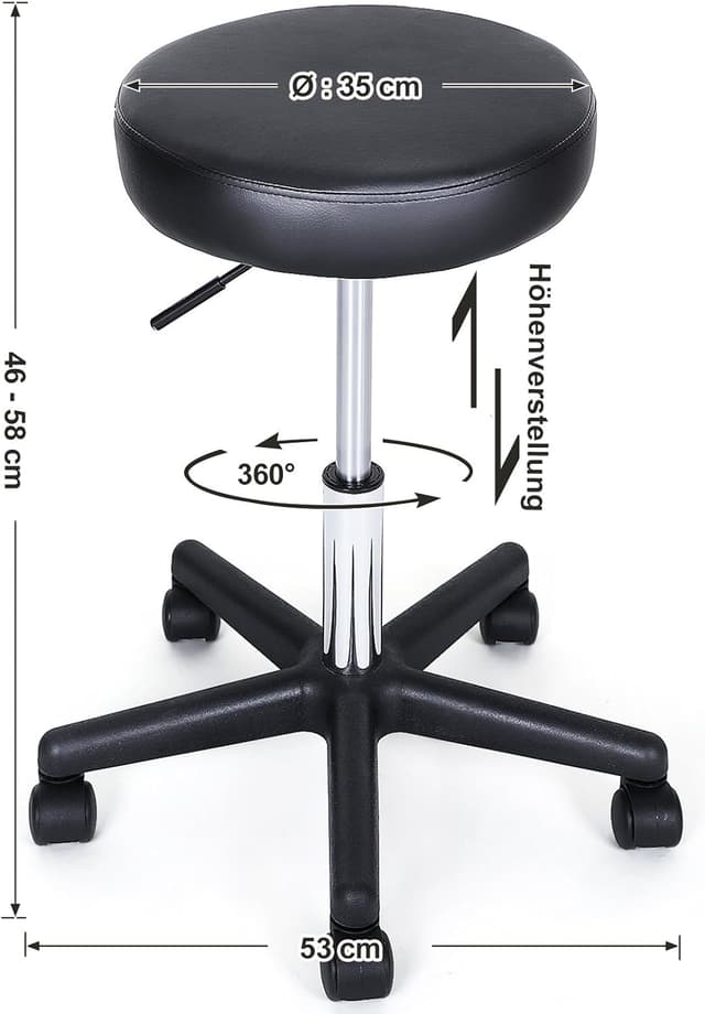 Detalle de SONGMICS Drehhocker auf Rollen LJB61B – höhenverstellbar (46–58 cm) für Studio, Salon & Büro