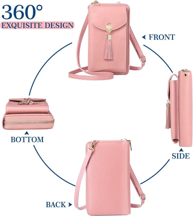 Detalle de BTNEEU Sac téléphone portable femme portefeuille RFID avec blocage, cuir, bandoulière (rose)