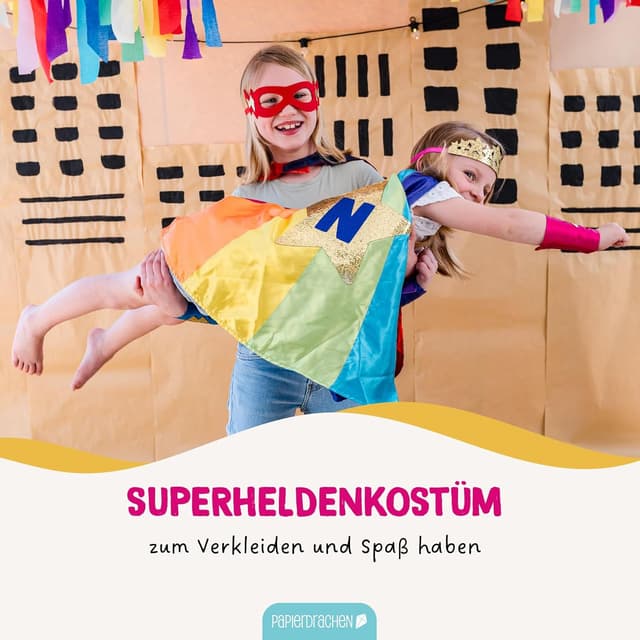 Detalle 2 de Papierdrachen Superhelden-Set – Kostüm Komplettset mit Diadem, Umhang, Manschetten & Glitzerfolie