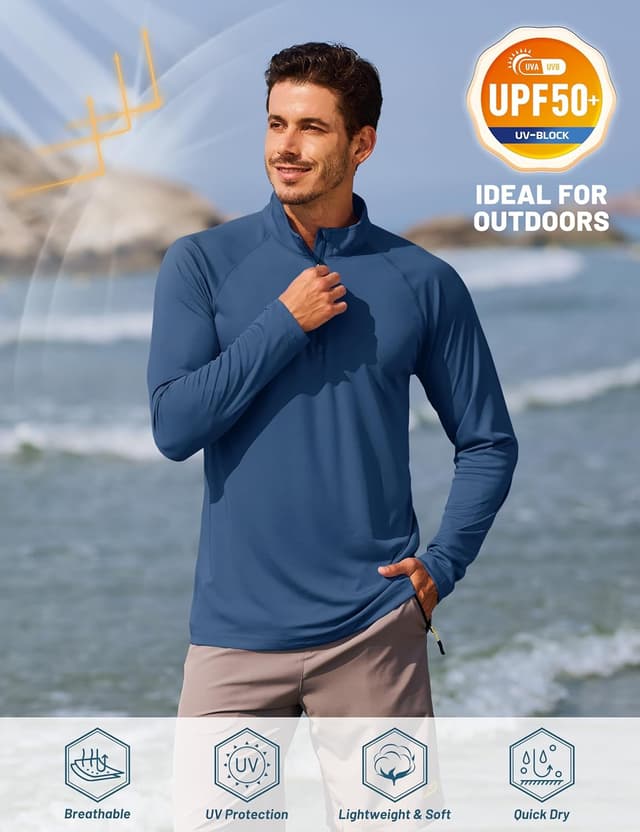 Detalle de TACVASEN Herren UV-Schutz 1/4-Reißverschluss Langarm-Rashguard (UPF 50+) – Sportshirt mit Stehkragen