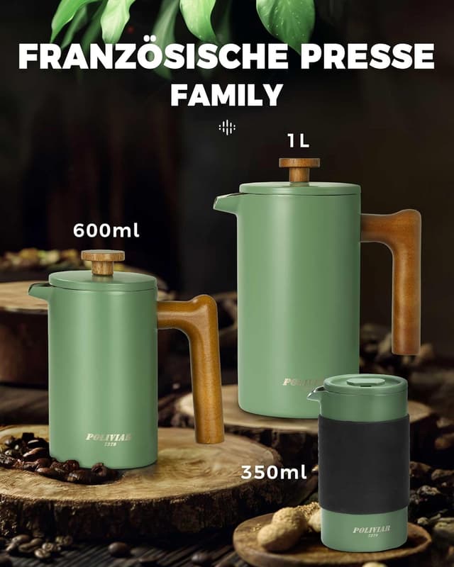Detalle 2 de Poliviar French Press Kaffeebereiter Flatland (Grün) JX2020-FPN-DE – 1 Liter für bis zu 8 Tassen
