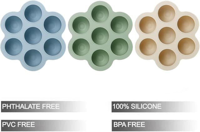 Detalle de PandaEar 3 Pack Silicone Baby Food Freezer Tray with Lids (7 pods, non-stick) – Blue/Green/Carnation