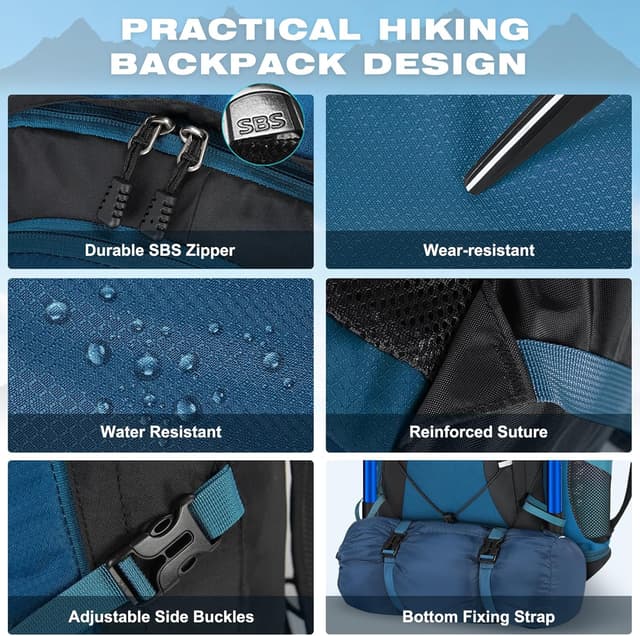 Detalle de RAINSMORE 40L Foldable Hiking Backpack (Water-Resistant) – Lightweight Rucksack for Walking, Camping & Travel