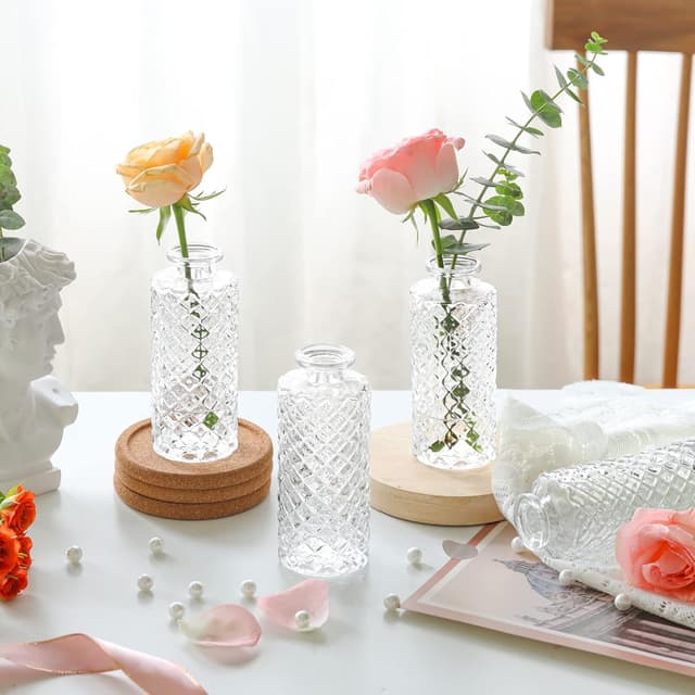 Detalle de Lot de 6 mini vases en verre ComSaf (5 × 13 cm) – vases transparents motif diamant pour fleurs décoratives