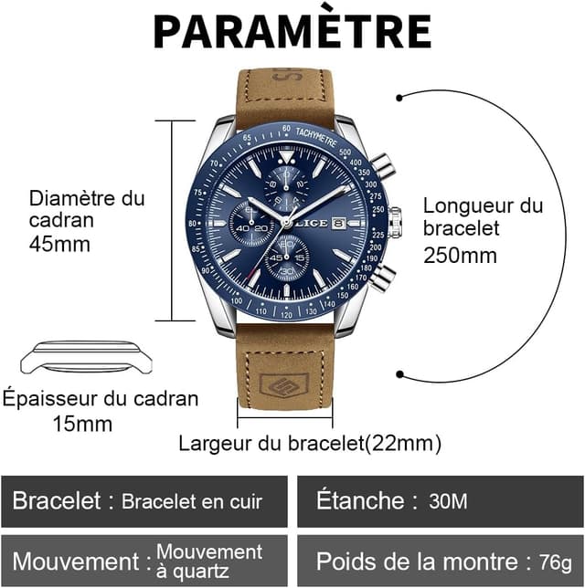 Detalle de LIGE Montre Homme Chronographe Quartz analogique, bracelet cuir et date