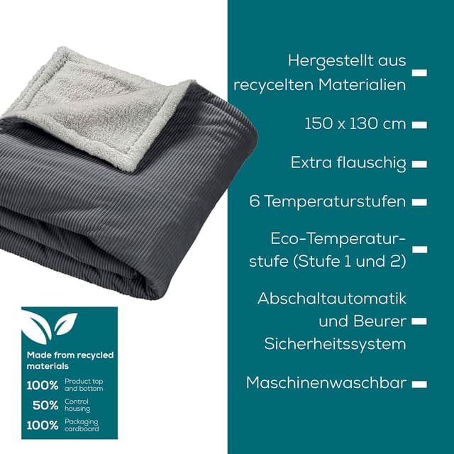 Thumbnail 6 de Beurer HD 80 Cord grau Heizdecke mit 6 Temperaturstufen, Abschaltautomatik & recycelten Materialien (180 x 130 cm)