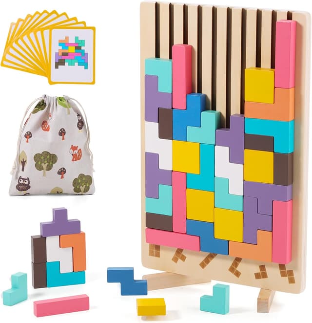 Detalle de Holzpuzzle Tetris – Montessori Lernspielzeug aus Naturholz (3D Stapel-/Steckpuzzle) für Kinder ab 3