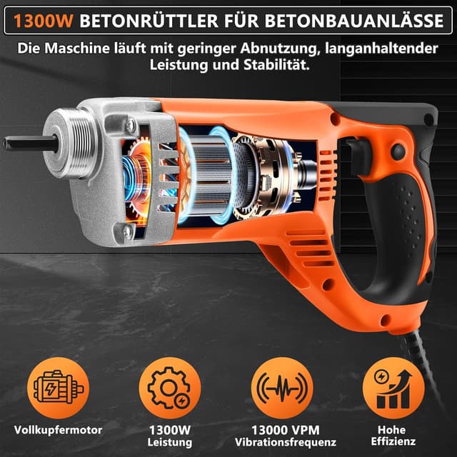 Detalle de Elektrischer Betonrüttler 1300 W mit 1,5 m Kupferstange – Hand-Betonvibrator für Platten und Fundamente