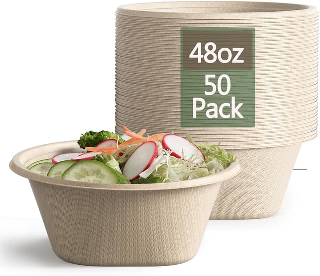 Detalle de Homestockplus Large Disposable Bowl (48 Oz) — Heavy-Duty Paper Bowls Made From Sugarcane & Bamboo Fiber, Microwave Safe
