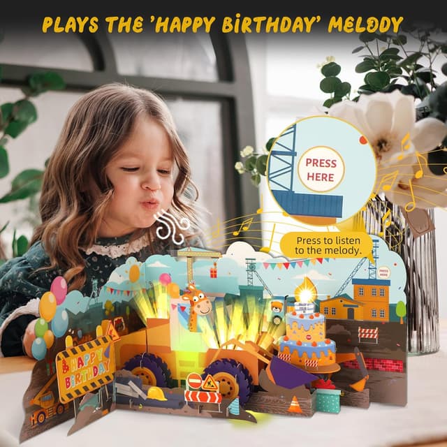 Detalle 2 de Musical Birthday Card for Kids: 3D Bulldozer Pop-up with Lights, Sounds & Blowable Candle