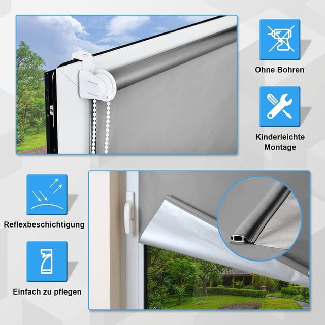 Detalle de Verdunklungsrollo Klemmfix B40 x H170 cm hellgrau – Thermorollo ohne Bohren für Fenster innen