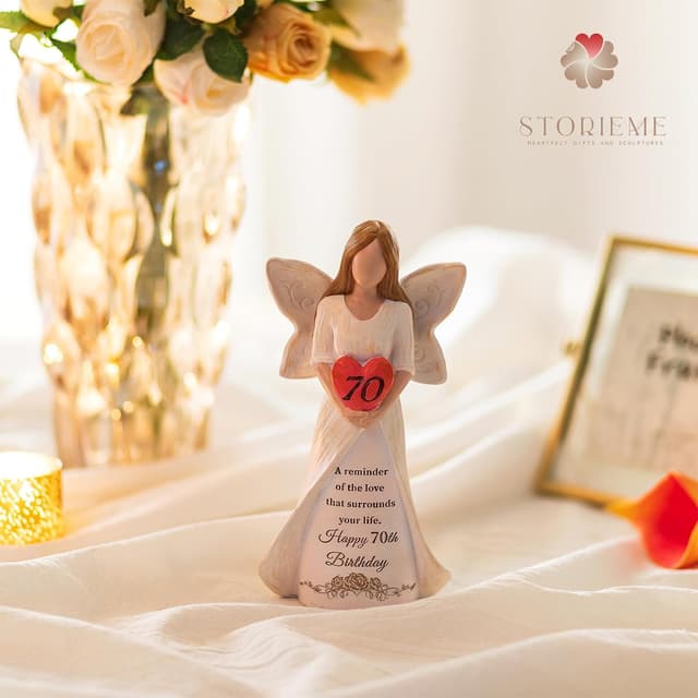 Thumbnail 6 de Storieme 70th Birthday Angel Figurine (Hand-Painted Resin) – 19cm Heart-Craddling Tribute Gift-Ready