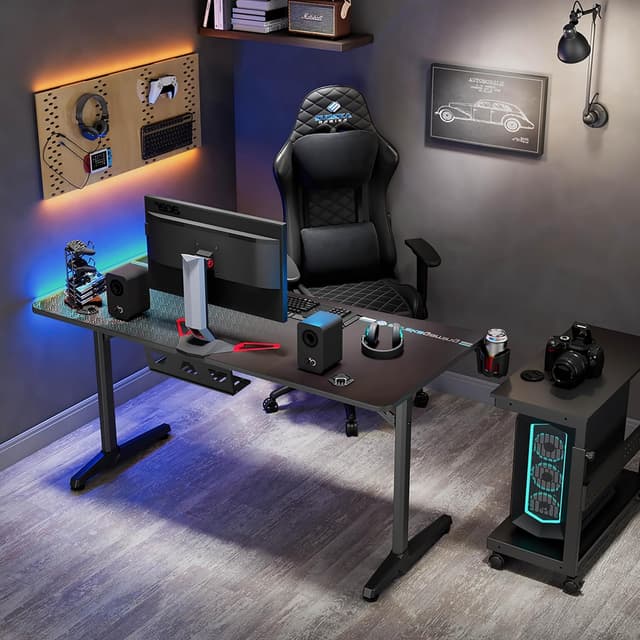 Detalle de EUREKA ERGONOMIC Bureau Gaming 152 x 70 cm avec tapis de souris, porte-gobelet, crochet casque et support manette