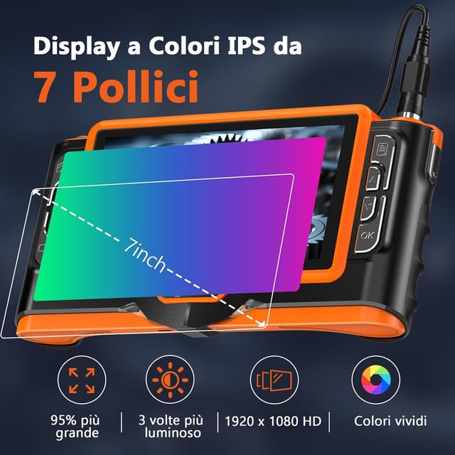 Thumbnail 1 de Ferdiiz Endoscopio Professionale 7" IPS 1920P HD 1920P con tripla lente e LED regolabili, sonda IP68 con cavo semi-rigido 5 m
