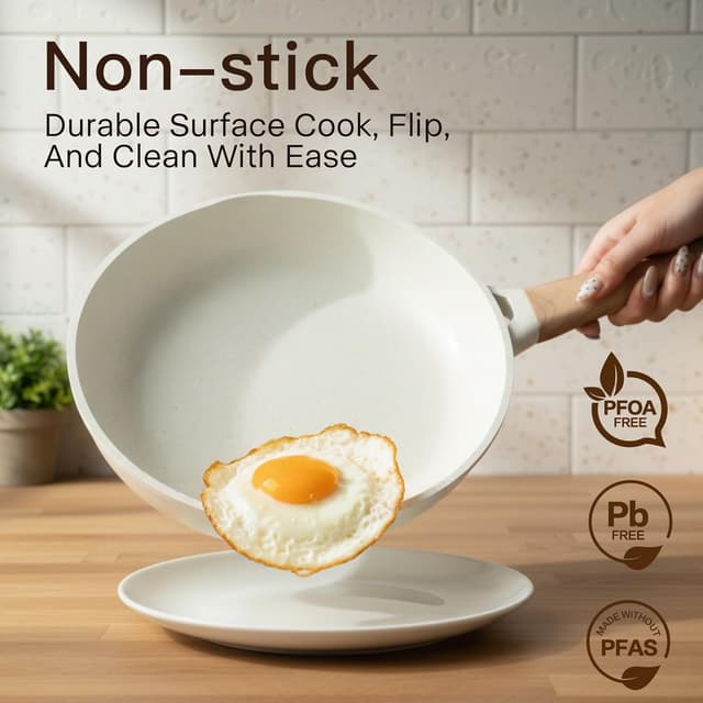 Detalle de Non Stick Ceramic Pots and Pans Set (22-Piece) – Non-Toxic, Induction Compatible, Cream White Granite