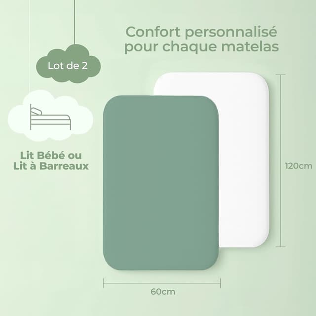 Detalle 2 de Dreamzie lot de 2 draps housse 60x120 bébé en coton certifié Oeko-Tex (vert sauge/blanc)