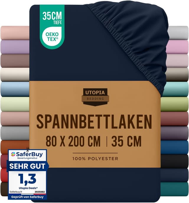 Detalle de Utopia Bedding Spannbettlaken 80x200 cm Marineblau – gebürstete Mikrofaser, OEKO-TEX, Tasche 35 cm