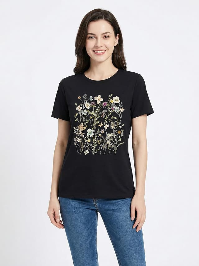 Detalle de Cuptacc Damen T-Shirt Sommer Basic mit Rundhals, kurzarm – einfarbig & bequem