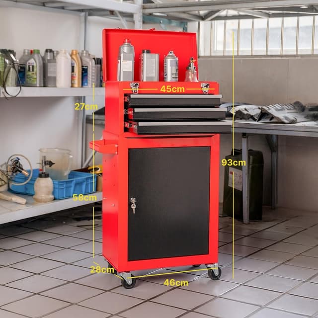 Detalle de DAIMANN carrello porta attrezzi professionale con 3 cassetti scorrevoli e armadietto con serratura (rosso)
