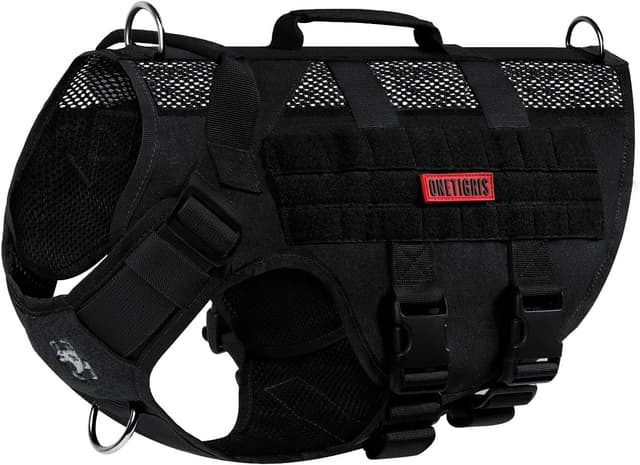 Detalle de No Pull Tactical Dog Harness for Large Dog (OneTigris) in breathable mesh with handle & MOLLE pouches, XL, Black