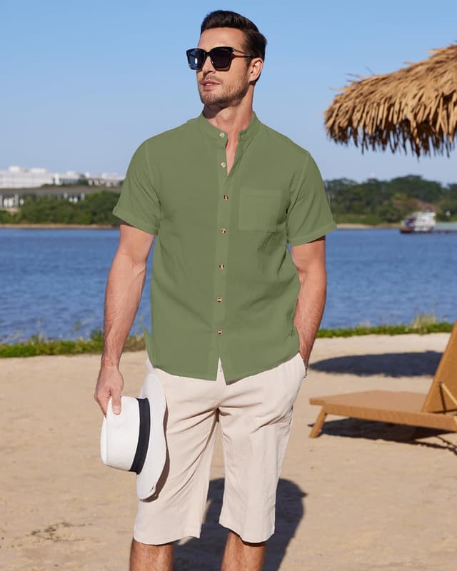 Detalle de YAOBAOLE Chemise en lin et coton pour homme à manches courtes, boutons et col mao