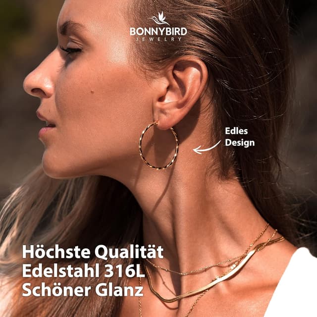 Detalle de BONNYBIRD BonnyFly wasserfeste Edelstahl Creolen (40 mm) in Silber, Gold & Roségold
